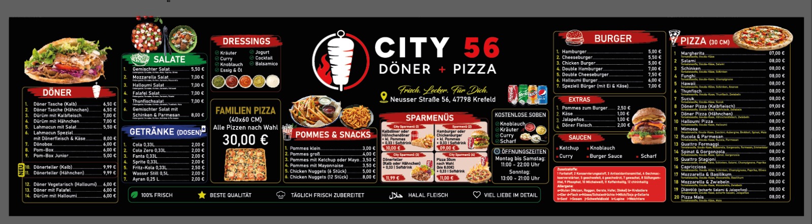 Originale City 56 Speisekarte mit Gerichten und Preisen